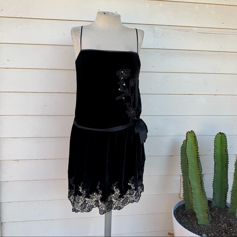 Vintage Betsey Johnson 90 2000 y2K Velvet lace flapper silk slip dress sexy bead